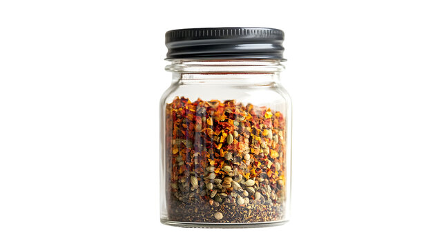Reusable glass spice jar filled with colorful spices on white background for kitchen organization and cooking