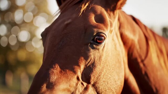 Close-up portrait of a brown horse's face in sunlight.