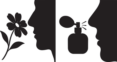 Nose silhouette with flower and smelling figure, Nose shape with perfume sprayer silhouette