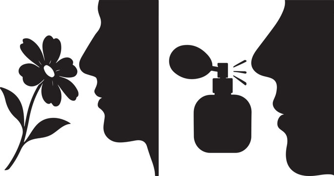 Nose silhouette with flower and smelling figure, Nose shape with perfume sprayer silhouette