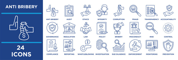 Anti Bribery icon set illustrating  integrity, corruption, fraud, transparency and trust. outline editable vector