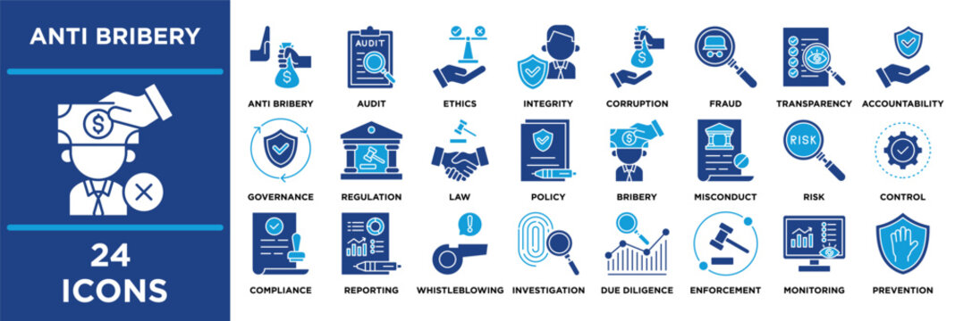 Anti Bribery icon set featuring compliance, ethics, compliance, ethics, bribery and whistleblowing. dual tone illustration