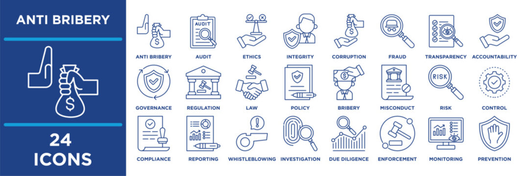 Anti Bribery icon set illustrating  integrity, corruption, fraud, transparency and trust. outline editable vector