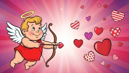 Fototapeta premium A cute cartoon angel with wings, a bow, and arrows, shooting hearts from his bow. The background is a gradient of pink and purple with hearts and stars scattered around.