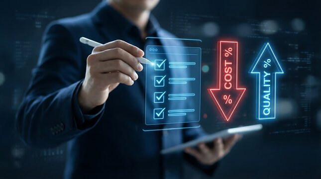 A professional uses a digital pen to interact with a glowing interface displaying cost reduction and quality improvement metrics high quality detailed