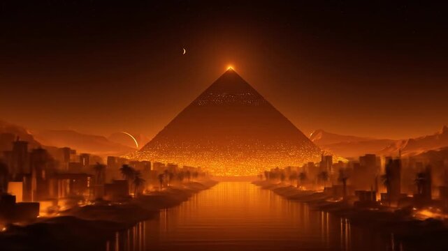 Dramatic pyramid illuminated in golden light over water at sunset