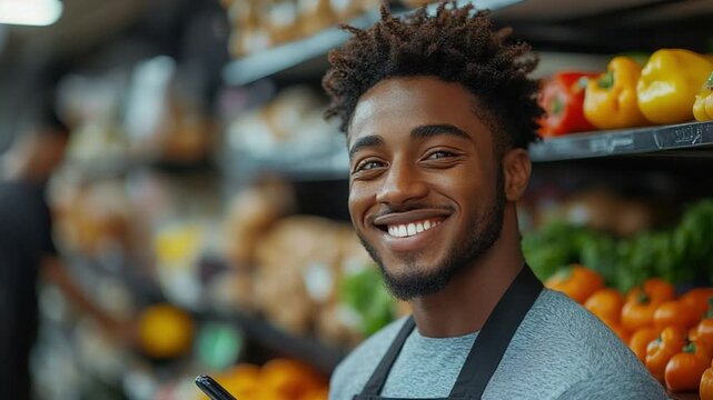 Cheerful grocery store worker portrait: A young, enthusiastic grocery store employee stands amidst a colorful display of fresh produce, beaming at the viewer.