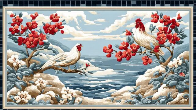 A framed needlepoint depicts two roosters perched on flowering branches amidst a landscape