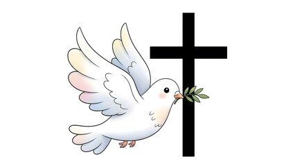 Fototapeta premium Happy easter sunday greeting with white dove holding olive branch in front of black cross symbolizing peace and resurrection