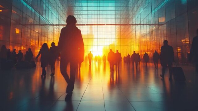 Urban Transit Silhouette: A silhouetted figure navigates through a bustling urban transit hub, bathed in the warm glow of an urban sunset.