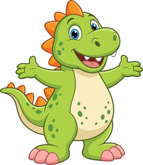 Obraz premium Cute green dinosaur cartoon character with orange spikes standing with arms open and smiling isolated on white background vector illustration
