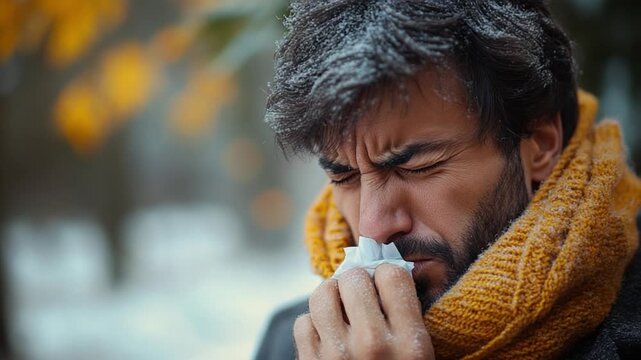 Man battling seasonal cold in winter: Portrait of a man afflicted by a cold or seasonal illness, visibly struggling with a tissue, conveying the raw experience of winter and illness. 