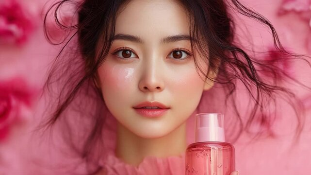 Elegant Skincare: A portrait of a woman embodying natural beauty, showcasing the delicate allure of a skincare product, its presence harmonizing with the soft, inviting blush and pink hues.