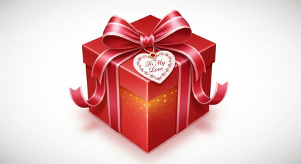 Red gift box with ribbon and heart shaped tag on white background perfect for valentine's day