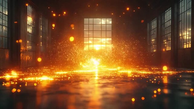 Blazing Sparks in a Warehouse: Capturing the moment of a brilliant spark in an industrial warehouse setting, illuminating the scene.