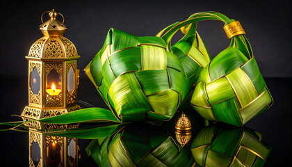 Traditional Ketupat or Tupat woven rice pack with lantern.