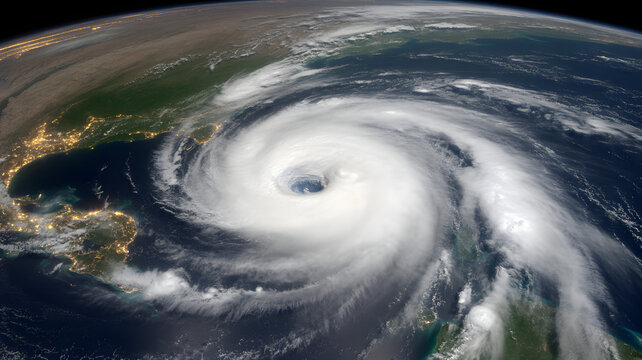 Massive hurricane swirling over ocean near coastline at night
