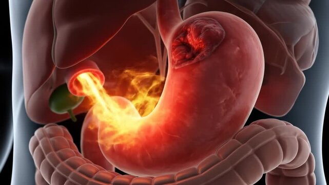 Medical Illustration of Stomach Acid Reflux and Digestive System Problems.
