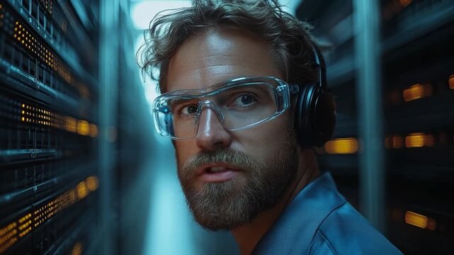 Data Center Professional: A focused technician, clad in protective eyewear and headphones, intently surveys the intricate network of servers in a high-tech data center environment.