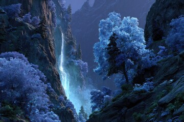 Obraz premium Mystical Mountain Landscape with Luminous Waterfalls and Glowing Blue Trees 