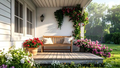 Fototapeta premium Wooden bench on a porch surrounded by vibrant flowers and lush greenery, sunny day