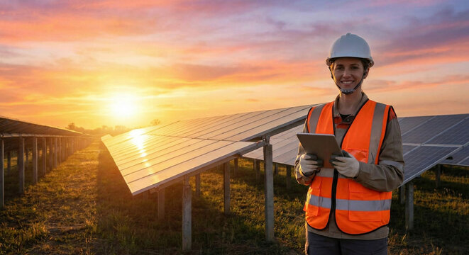 Retrato de una ingeniera con casco y tablet sonriendo frente a una granja de paneles solares al atardecer.