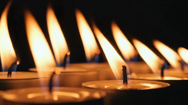 many small tea light candles burning in rows in the dark