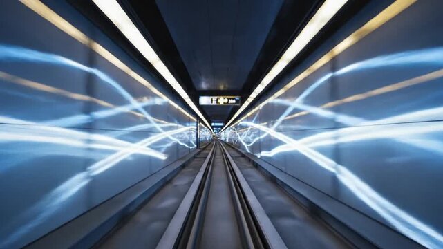 Blurry perspective of a futuristic subway or train tunnel with illuminated ceiling lights and sleek metal tracks leading into the distance.