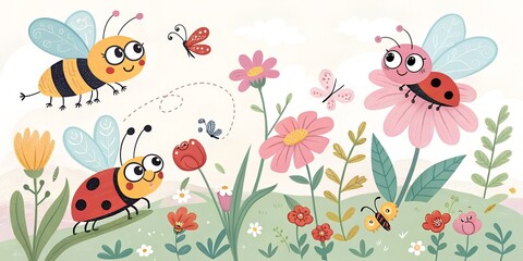Cute Cartoon Insects and Bees in Blooming Spring Flower Meadow Illustration