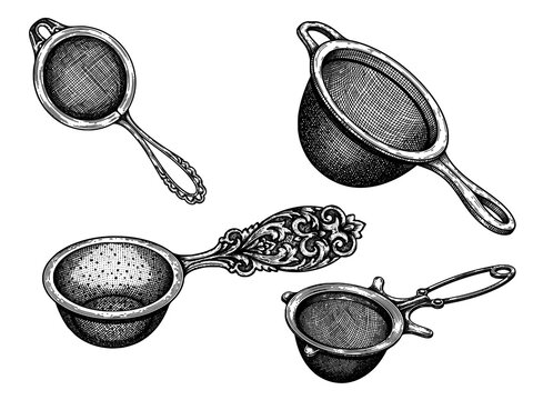 Loose leaf tea strainer engraving illustration for tea branding