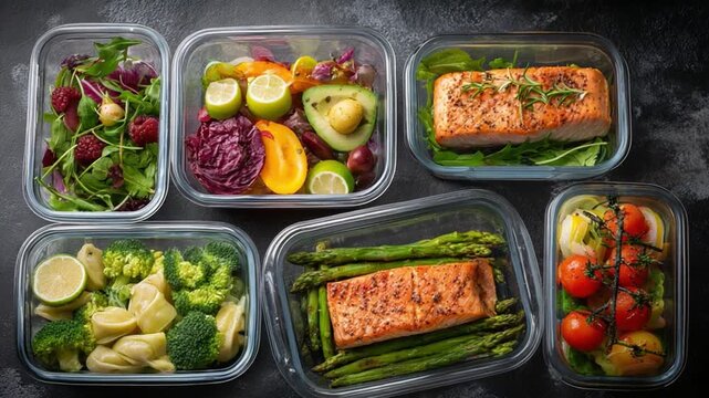 Healthy Meal Prep: An array of transparent containers showcase a vibrant assortment of fresh, nutritious meals. This image celebrates the ease and health of pre-prepared, balanced eating.