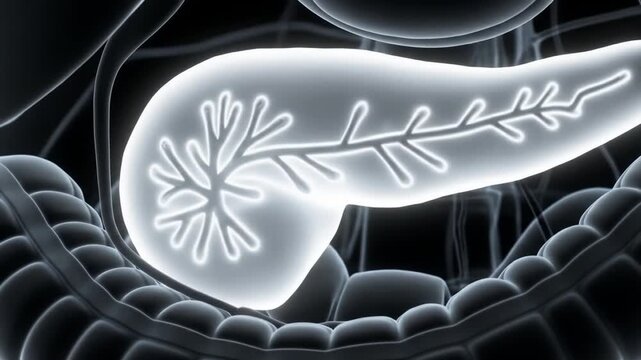 Detailed Medical Illustration of the Human Pancreas and Digestive System.