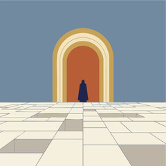 Fototapeta premium Silhouette figure walking into abstract arched portal illustration.