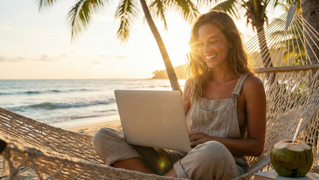 Mujer joven y feliz trabajando como n&oacute;mada digital con su laptop en una hamaca en la playa al atardecer.