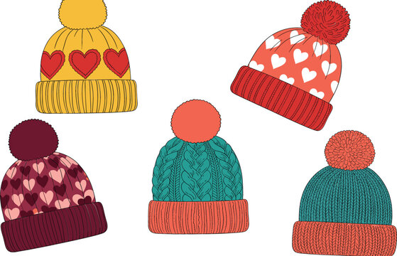 Set of colorful vector winter knitted beanies with pom poms and heart patterns including yellow, red, teal, and maroon hats for seasonal cold weather apparel.