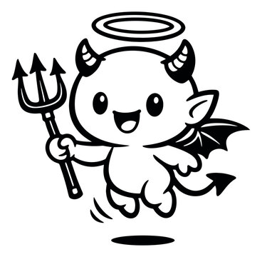 Cute line art illustration of a hybrid devil angel depicting a happy and mischievous character holding a trident for halloween festivities