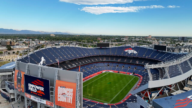 Aerial drone photo of Empower Field at Mile High in Denver Colorado