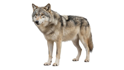 Obraz premium Front view of a standing gray wolf isolated on a white background