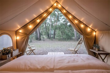 Cozy glamping tent interior with bed and string lights in forest. Luxury outdoor travel accommodation