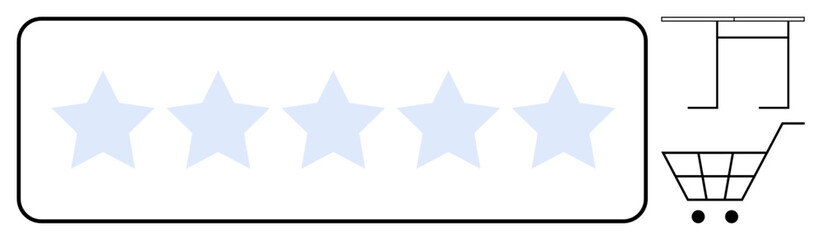 Obraz premium E-commerce, customer feedback, product review, online shopping, rating systems, consumer experience. Five stars in a rectangle, shopping cart table outline. E-commerce and customer feedback concept