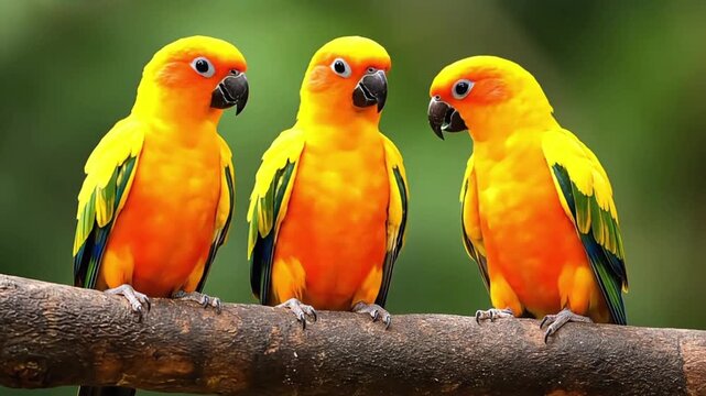 Three Colorful Sun Conure Parrots Perched on Tree Branch in Tropical Nature, Vibrant Exotic Birds in 4K Ultra HD