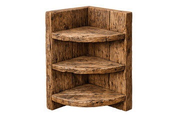 Rustic corner shelf providing smart storage and a decorative accent, made from weathered wood with a transparent background