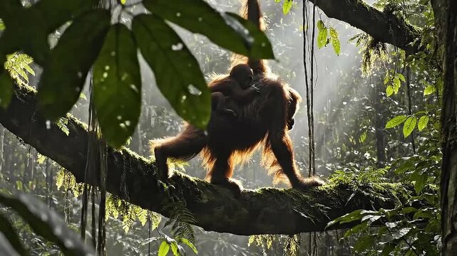 Mother orangutan with baby clinging to her back swings through lush green jungle canopy.