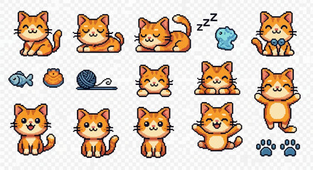 Obraz premium Cute Pixel Art Cat Collection: 8-Bit Kitten Sprites for Games and Digital Design