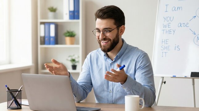 Male teacher teaching English grammar online via laptop. Tutor using whiteboard for e-learning course, remote education, language school, and digital classroom instruction from home office.