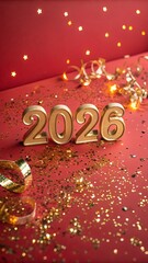 Golden numerals 2026 shimmer against a vibrant red background. adorned sparkling gold confetti