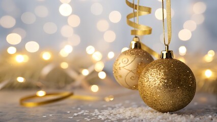 Golden ornaments sparkle against blurred background of shimmering lights. creating festive