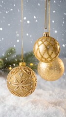 Golden ornaments snowfall. creating a festive holiday atmosphere for celebrations.