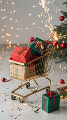 Golden Shopping Cart Filled Christmas Gifts. confetti and Sparkling Lights