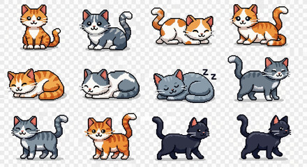 Fototapeta premium Cute Pixel Art Cat Collection: 8-Bit Kitten Sprites for Games and Digital Design